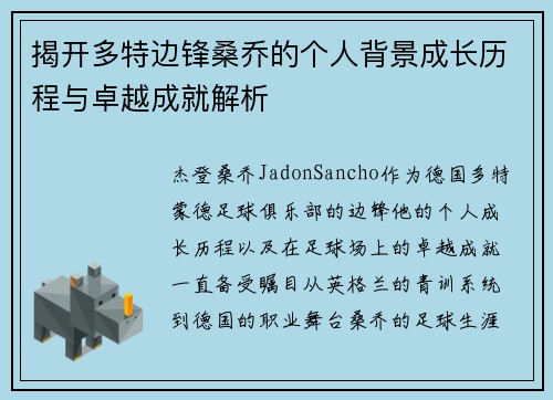 揭开多特边锋桑乔的个人背景成长历程与卓越成就解析
