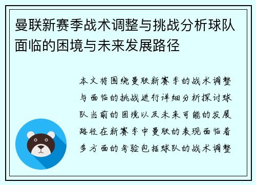 曼联新赛季战术调整与挑战分析球队面临的困境与未来发展路径