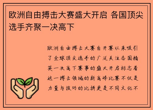 欧洲自由搏击大赛盛大开启 各国顶尖选手齐聚一决高下