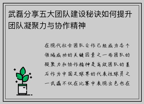武磊分享五大团队建设秘诀如何提升团队凝聚力与协作精神