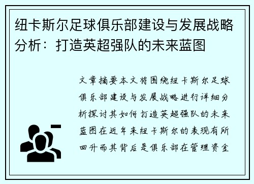 纽卡斯尔足球俱乐部建设与发展战略分析：打造英超强队的未来蓝图