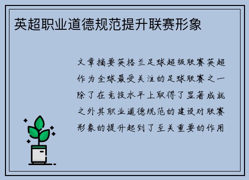 英超职业道德规范提升联赛形象