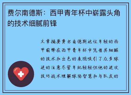 费尔南德斯：西甲青年杯中崭露头角的技术细腻前锋